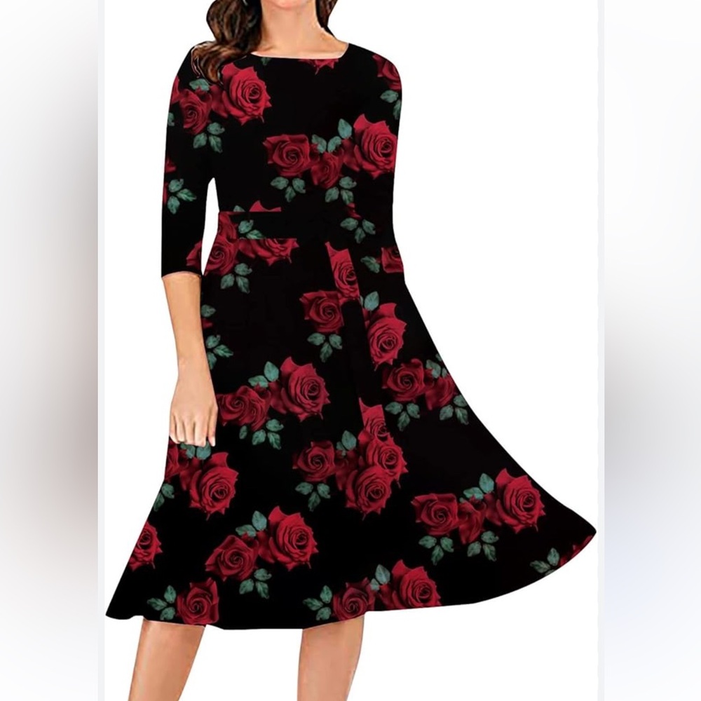 INC International Concepts Black Dress with Red Floral Design
